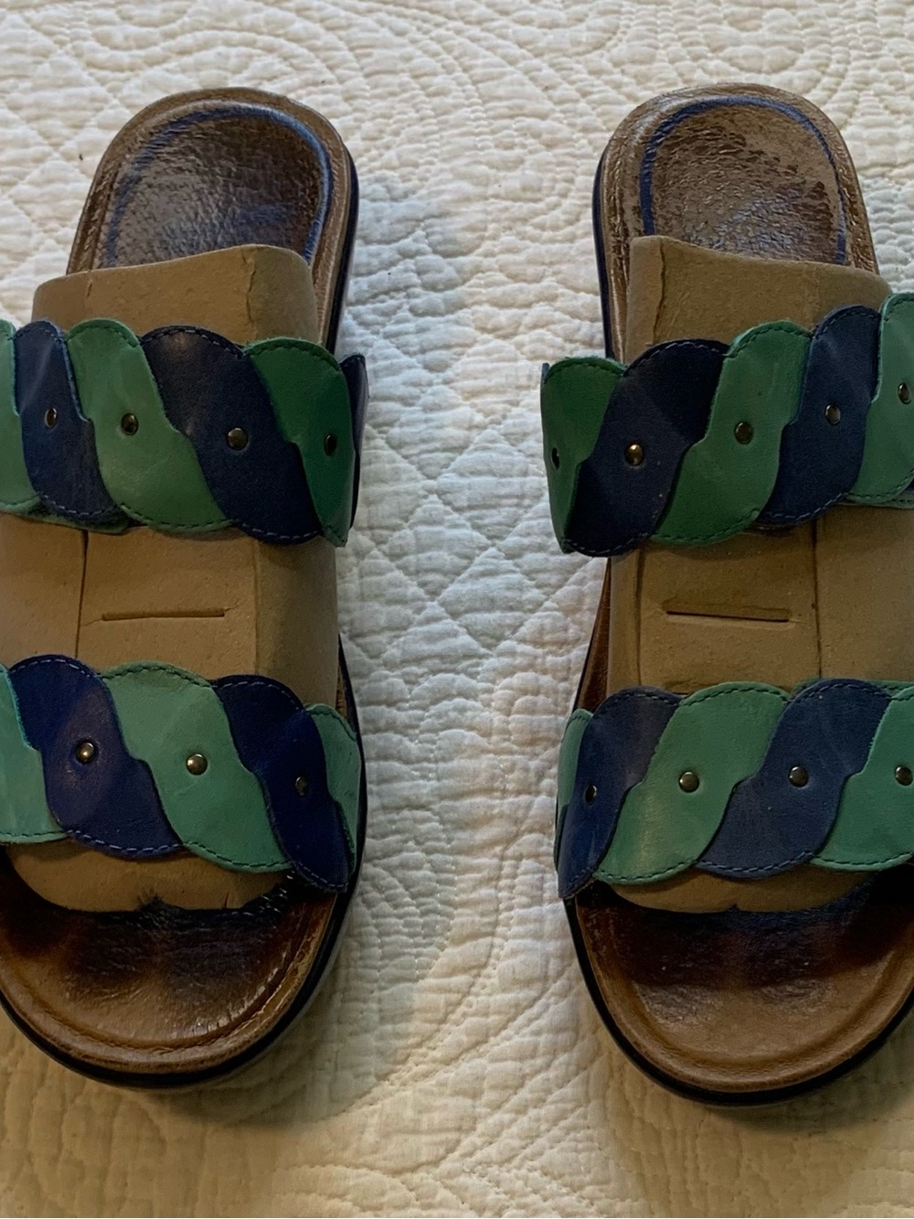 Dansko Dee Sandals in Royal Blue and Turquoise Open Toe Double Strap Wedge Slide